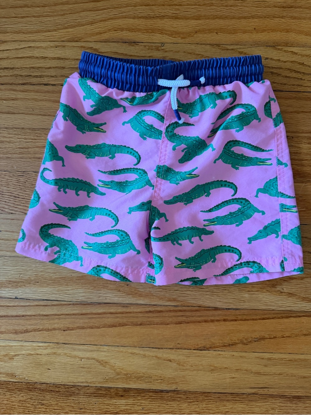 Mini Boden Pink Swim Trunks with Green Alligator Print